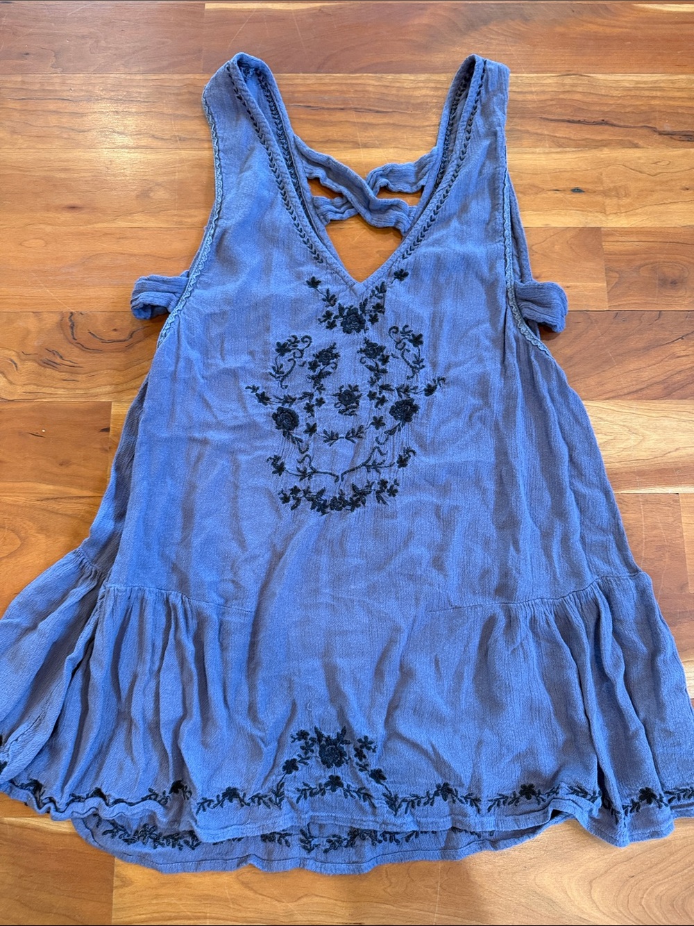 Free People Blue Embroidered V-Neck Tunic